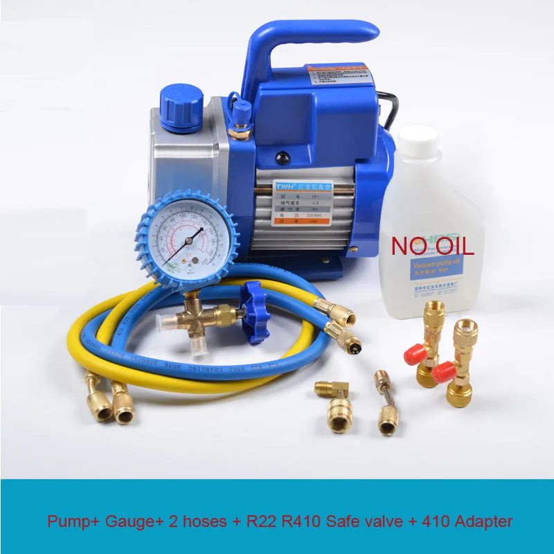 New Single Stage 2.5CFM 150W Vacuum Pump Air Conditioning HVAC Tool AC+ Gauge+ 2 Hoses+ R410/R22 Safe Valve+ 410 Adapter
New Single Stage 2.5CFM 150W Vacuum Pump Air Conditioning HVAC Tool AC+ Gauge+ 2 Hoses+ R410/R22 Safe Valve+ 410 Adapter