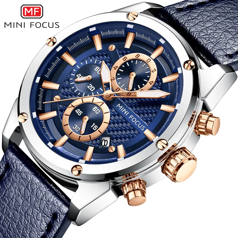 MINI FOCUS Men's Leather Strap Waterproof Quartz Watches Army Sports Chronograph Wristwatch Man Luminous Hands Clock 0161GBlue
MINI FOCUS Men's Leather Strap Waterproof Quartz Watches Army Sports Chronograph Wristwatch Man Luminous Hands Clock 0161GBlue