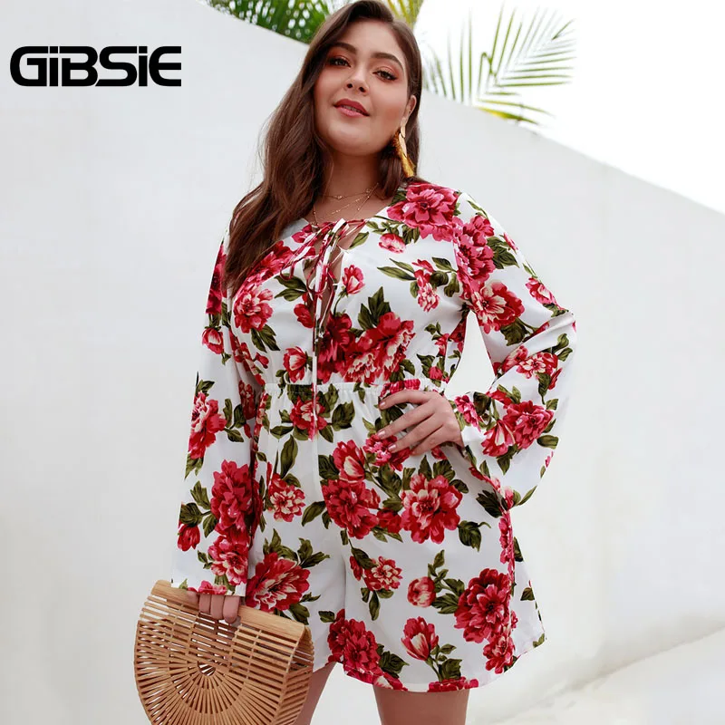 GIBSIE Plus Size Lace up V Neck Long Sleeve Floral Print Rompers Womens Jumpsuit 2019 Spring summer Casual Beach Playsuit
GIBSIE Plus Size Lace up V Neck Long Sleeve Floral Print Rompers Womens Jumpsuit 2019 Spring summer Casual Beach Playsuit