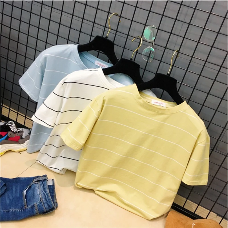 Harajuku Female Cute Candy Color Casual Fashion Large Size Korean Striped Sweet Loose Short-sleeved Summer T-shirt
Harajuku Female Cute Candy Color Casual Fashion Large Size Korean Striped Sweet Loose Short-sleeved Summer T-shirt