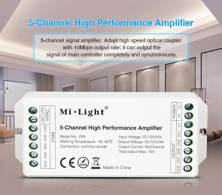 Mi.Light PA5 LED Amplifier DC12V 24V 15A 5-Channle High Performace Controller for RGB RGBW RGBWW RGB+CCT Led Strip Light
Mi.Light PA5 LED Amplifier DC12V 24V 15A 5-Channle High Performace Controller for RGB RGBW RGBWW RGB+CCT Led Strip Light