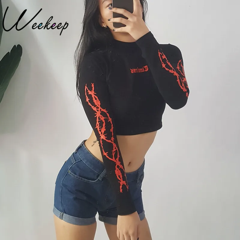 Weekeep Fashion Long Sleeve Gothic Letter Print Cropped t shirt 2018 Autumn Black Stand Collar Streetwear Crop Top tshirt Tops
Weekeep Fashion Long Sleeve Gothic Letter Print Cropped t shirt 2018 Autumn Black Stand Collar Streetwear Crop Top tshirt Tops