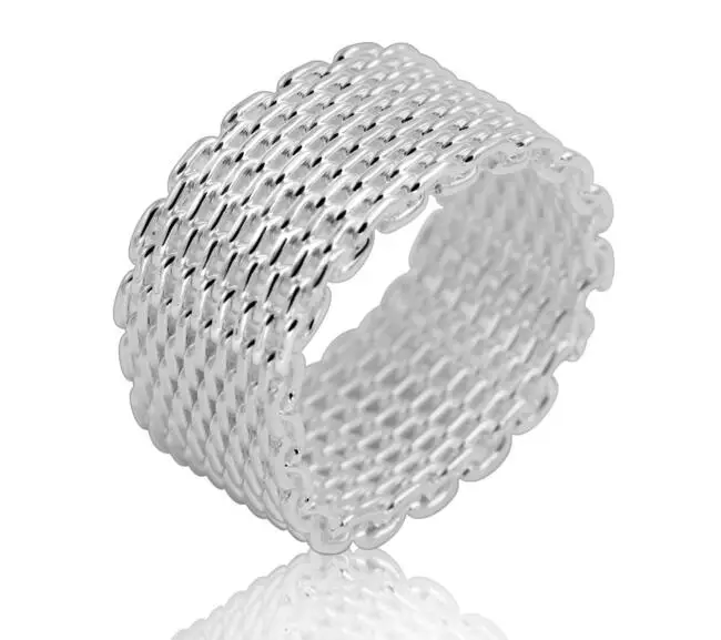 2018 Fashion 10mm Wide Silver Color Mesh Net Ring O knit Weave web Finger Ring For Women&Men Gift Punk Wedding 925 stamp Jewelry
2018 Fashion 10mm Wide Silver Color Mesh Net Ring O knit Weave web Finger Ring For Women&Men Gift Punk Wedding 925 stamp Jewelry