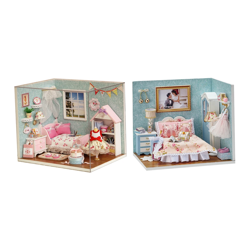 2 Set DIY Wooden Miniature Dollhouse & Furniture Kit with Dust Cover - Girl's & Parents' Room 
2 Set DIY Wooden Miniature Dollhouse & Furniture Kit with Dust Cover - Girl's & Parents' Room