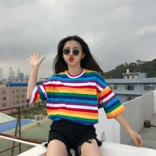 Nueva camiseta mujer Arco Iris rayas Tops Harajuku camiseta 2018 verano manga corta camiseta Punk coreana camiseta femenina T8(China)