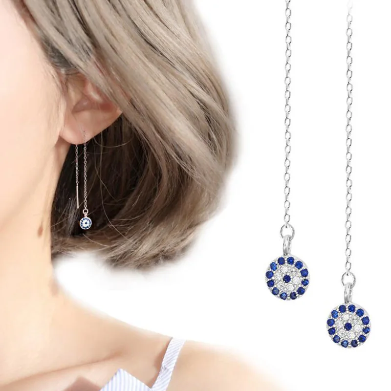 

SMJEL New CZ Crystal Turkey Lucky Evil Eye Tiny Stud Earring Blue Crystal Circle Long Chain Earrings Wedding Jewelry