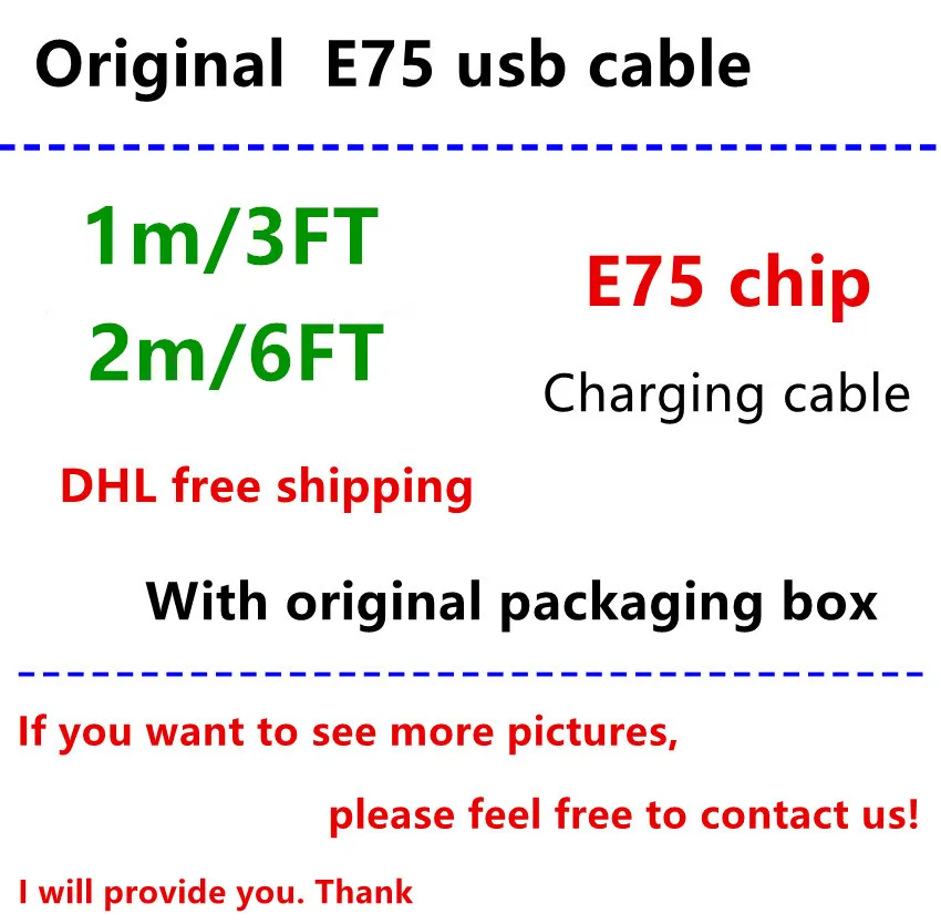 50pcs/lot With New packaging 100% Genuine Original 1m/3ft 2m/6ft E75 Chip Data USB charging cable for Foxconn i8 i7 6 X XS MAX
50pcs/lot With New packaging 100% Genuine Original 1m/3ft 2m/6ft E75 Chip Data USB charging cable for Foxconn i8 i7 6 X XS MAX