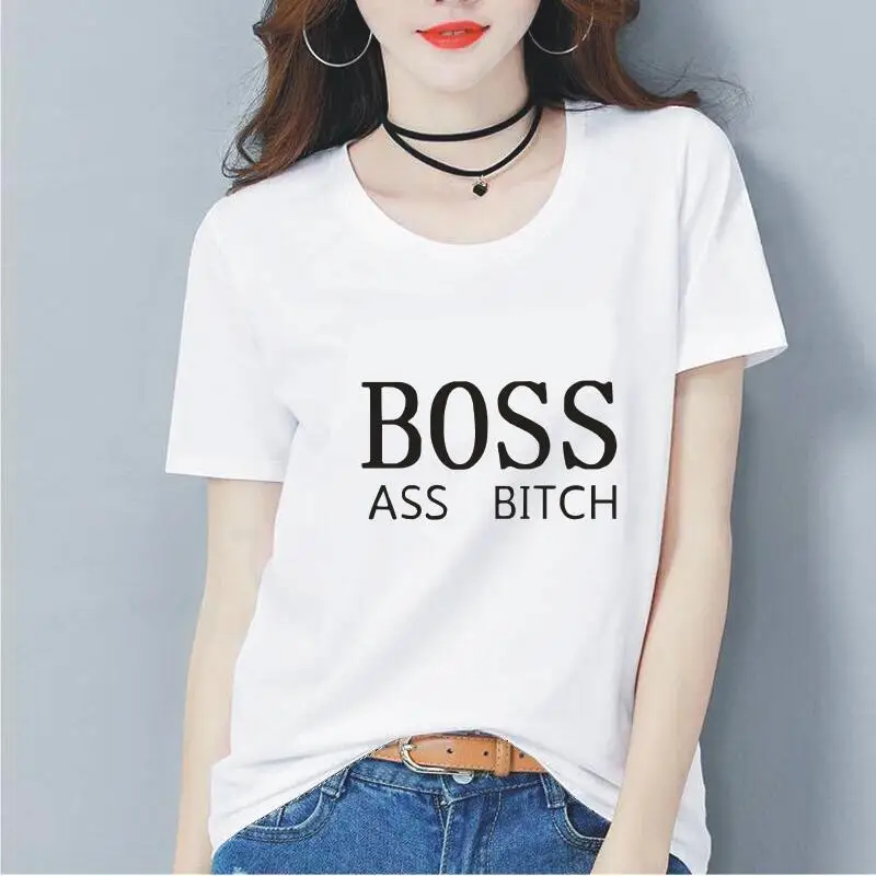 BOSS ASS BITCH Harajuku Funny T Shirt Tops 2019 Summer New Casual Short Sleeve Cotton Tees Femme Plus Size Hipster Women Tshirt | Женская