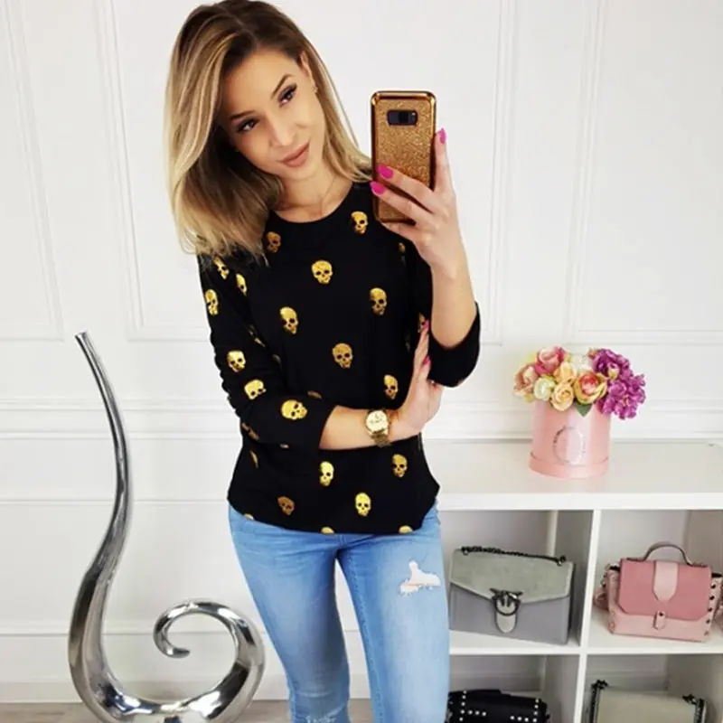 T Shirt Women Streetwear Autumn Skull Bronzing Print Tops Fashion Casual Long Sleeve Round Neck Slim Tee Shirt Femme Clothes
T Shirt Women Streetwear Autumn Skull Bronzing Print Tops Fashion Casual Long Sleeve Round Neck Slim Tee Shirt Femme Clothes