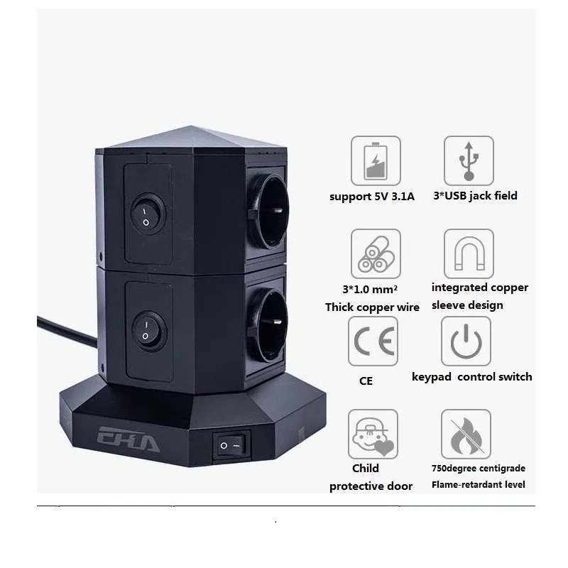 Verticle Type Power Strip 6USB charge adaptor electric tower-type socket EU plug patch panel overload protection smart socket
Verticle Type Power Strip 6USB charge adaptor electric tower-type socket EU plug patch panel overload protection smart socket