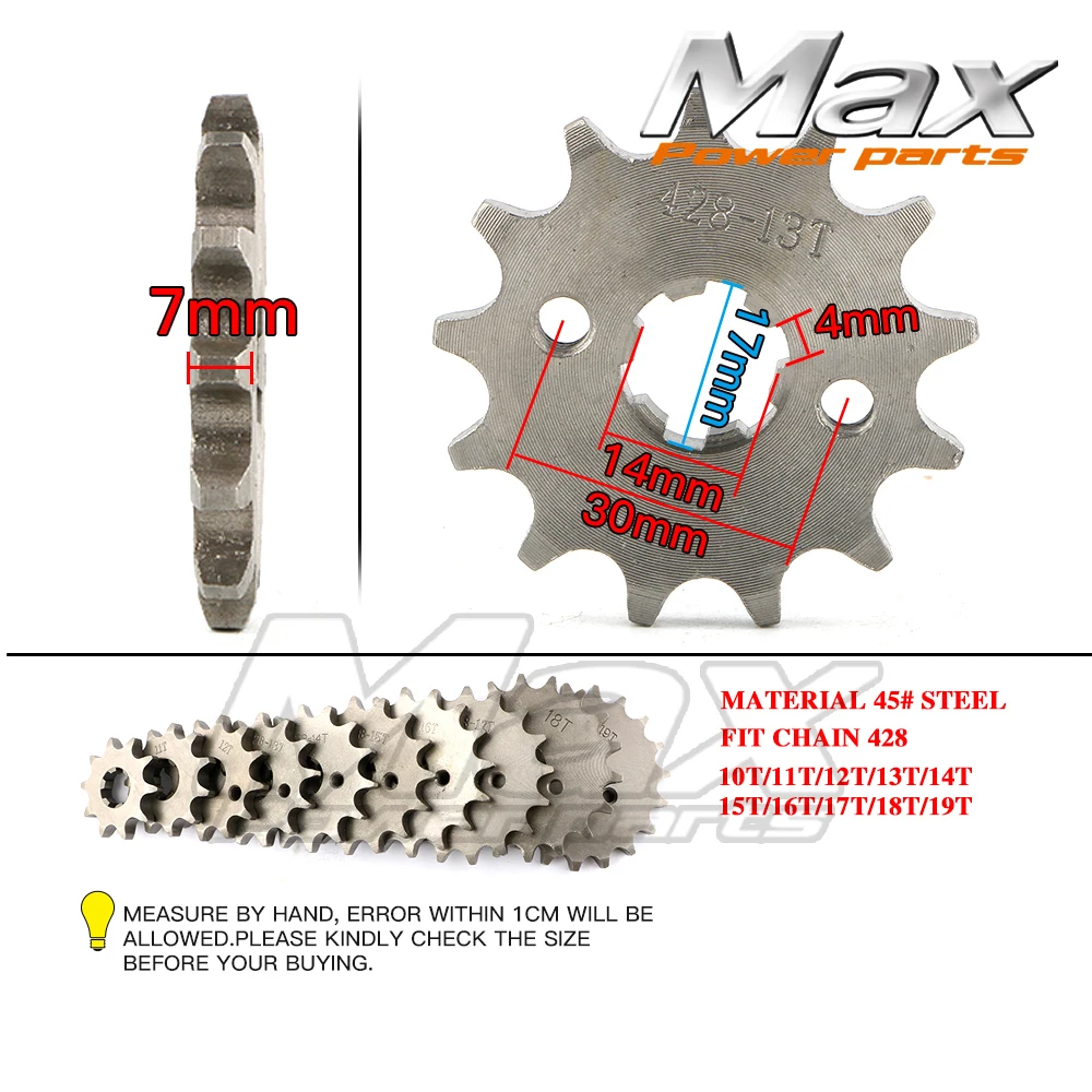 Sprocket Front 428-10T 11T 12T 13T 14T 15T 16T 17T 18T 19T 17mm Motorcycle ATV Dirt Bike
Sprocket Front 428-10T 11T 12T 13T 14T 15T 16T 17T 18T 19T 17mm Motorcycle ATV Dirt Bike