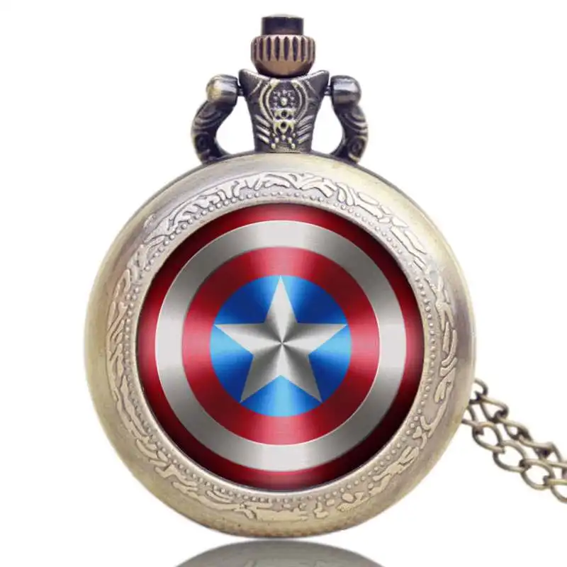 

New Fashion Captain America Shield Steampunk Little Vintage Quartz Pocket Watch Men Women Necklace Chain reloj de bolsillo Gift