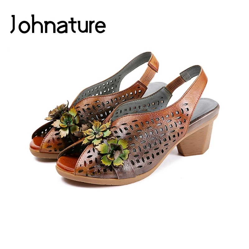 Johnature 2021 Genuine Leather New Summer Retro Flower Elastic Band Casual National Style Handmade Hollow Sandals Women Shoes | Обувь