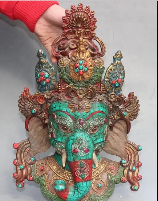 14" China Tibet Buddhism Turquoise Coral Elephant Mammon Head vizard mask Statue
14" China Tibet Buddhism Turquoise Coral Elephant Mammon Head vizard mask Statue