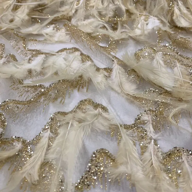 Most popular Nigerian Lace Fabric with glued glitter feather French Embroidered lace fabric for wedding dress Gold RG685
Most popular Nigerian Lace Fabric with glued glitter feather French Embroidered lace fabric for wedding dress Gold RG685
