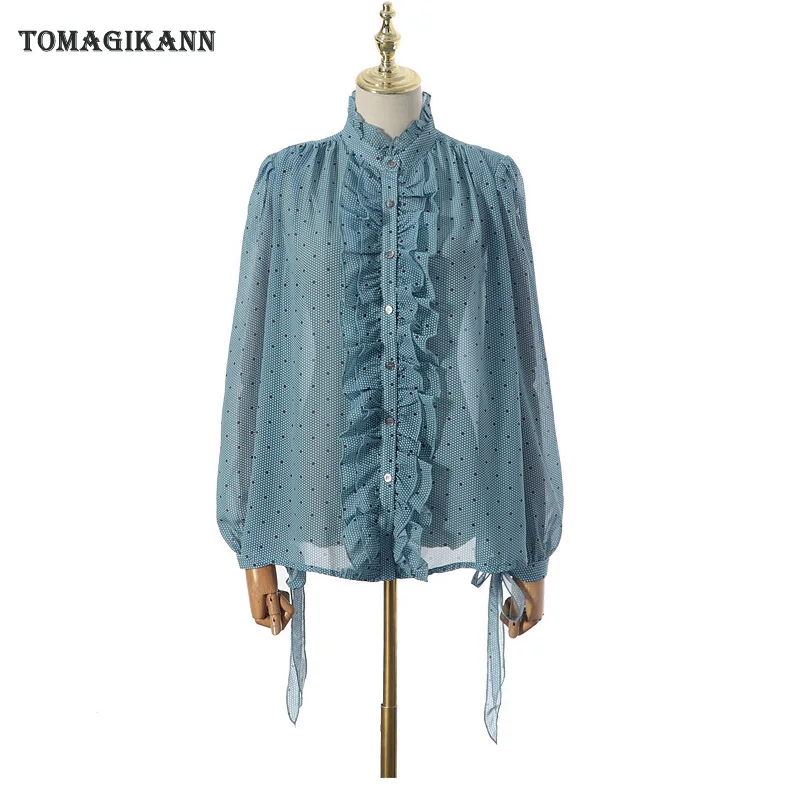 Blue Polka Dots Print Chiffon Women Blouse Tops Bow Tie Ruffles Stand Collar Long Sleeve Shirt Woman Clothes
Blue Polka Dots Print Chiffon Women Blouse Tops Bow Tie Ruffles Stand Collar Long Sleeve Shirt Woman Clothes