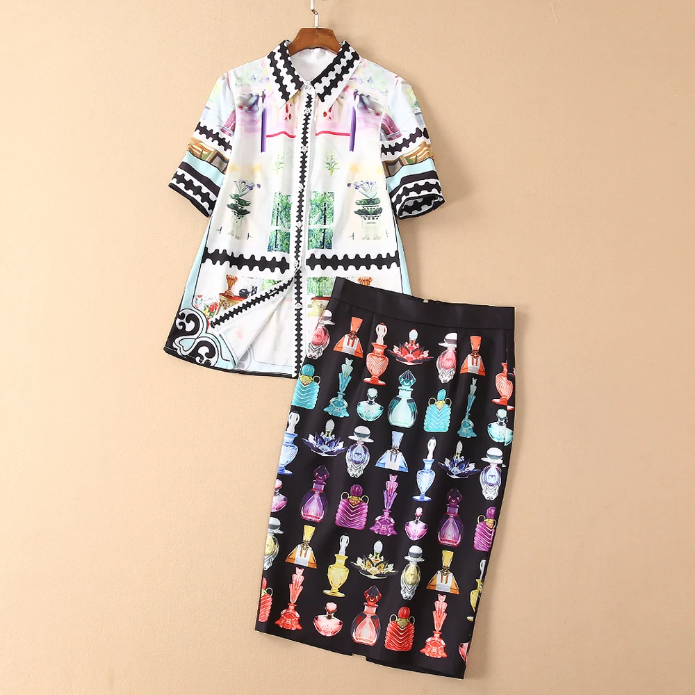 

Red RoosaRosee Women Runway Designer Summer 2 Piece Diamonds Set Vintage Print Elegant Shirt Tops Knee-length Pencil Skirt Suits