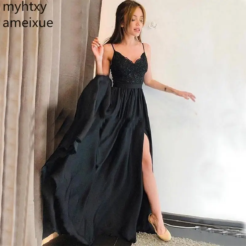 Custom 2019 New Black Prom Dress Spaghetti Straps Applique A-line Elegant Long Gowns Evening Dresses Front Split Robe De Soiree
Custom 2019 New Black Prom Dress Spaghetti Straps Applique A-line Elegant Long Gowns Evening Dresses Front Split Robe De Soiree