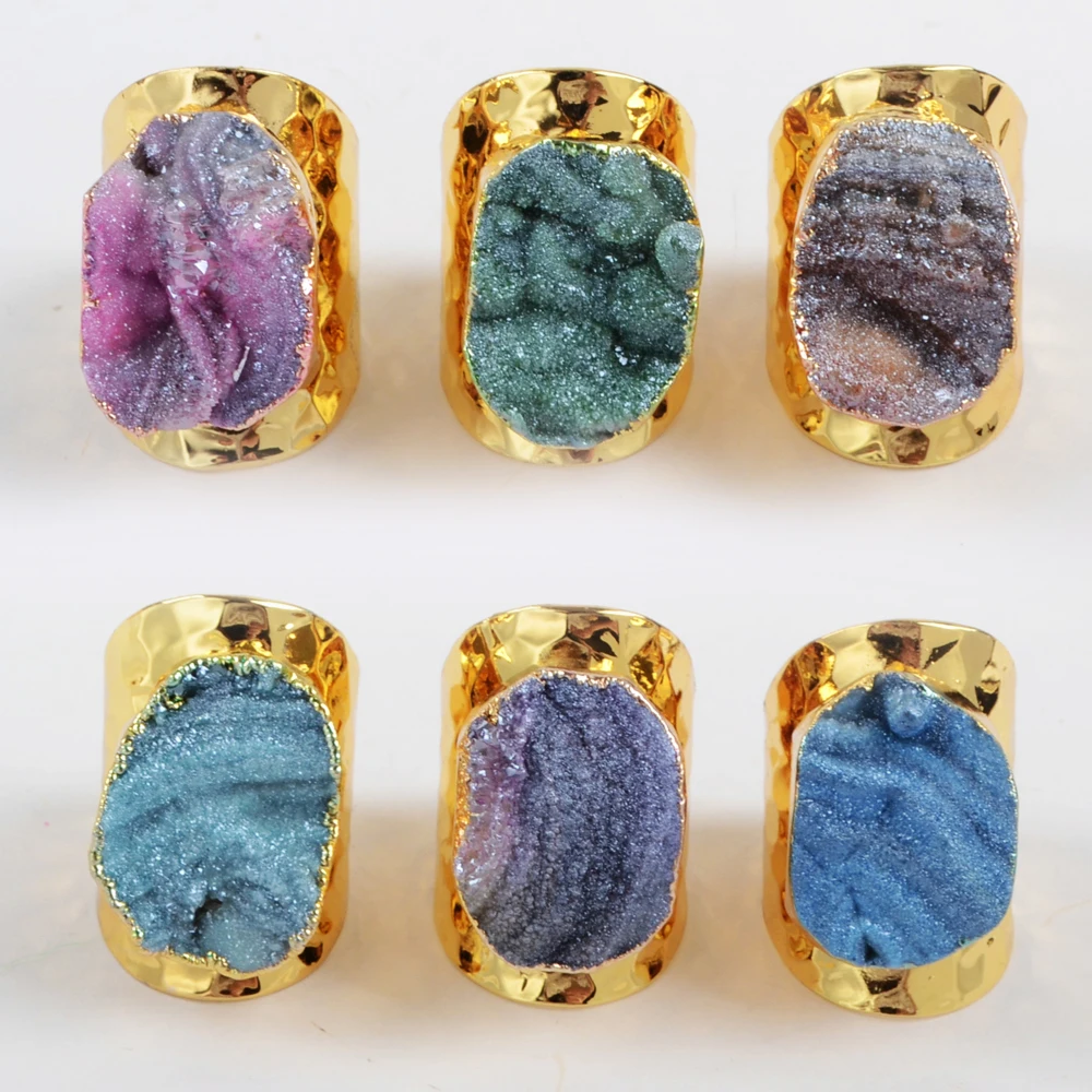 BOROSA Electroplated Natural Galaxy Quartz Titanium Rainbow Chalcedony Wedding Ring with Adjustable Size G1339
BOROSA Electroplated Natural Galaxy Quartz Titanium Rainbow Chalcedony Wedding Ring with Adjustable Size G1339
