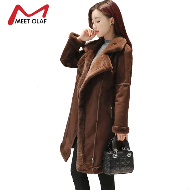 2017 New Women Suede Leather Coats Long Side Zipper Trench Female Winter Jackets Ladies Faux Sheepskin Windbreakers Y1626 | Женская
