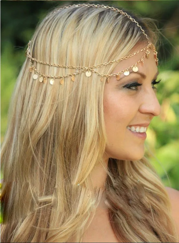 Romantic bijoux de tete Indian head chain hair jewelry Fashion Metallic Sequins multilayer Gold tiara diademas for women CF075 | Украшения