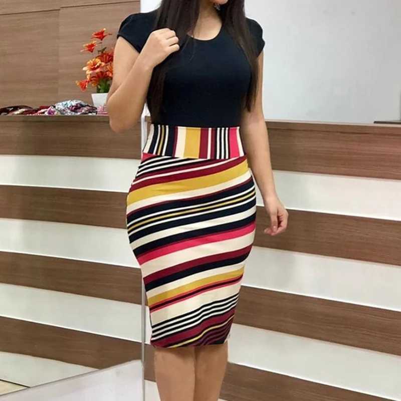 

Summer Short Sleeve Knee-Length Bodycon Sexy Party Dresses 2019 Fashion Women Elegant Stripes Print Pencil Dress Bigsweety