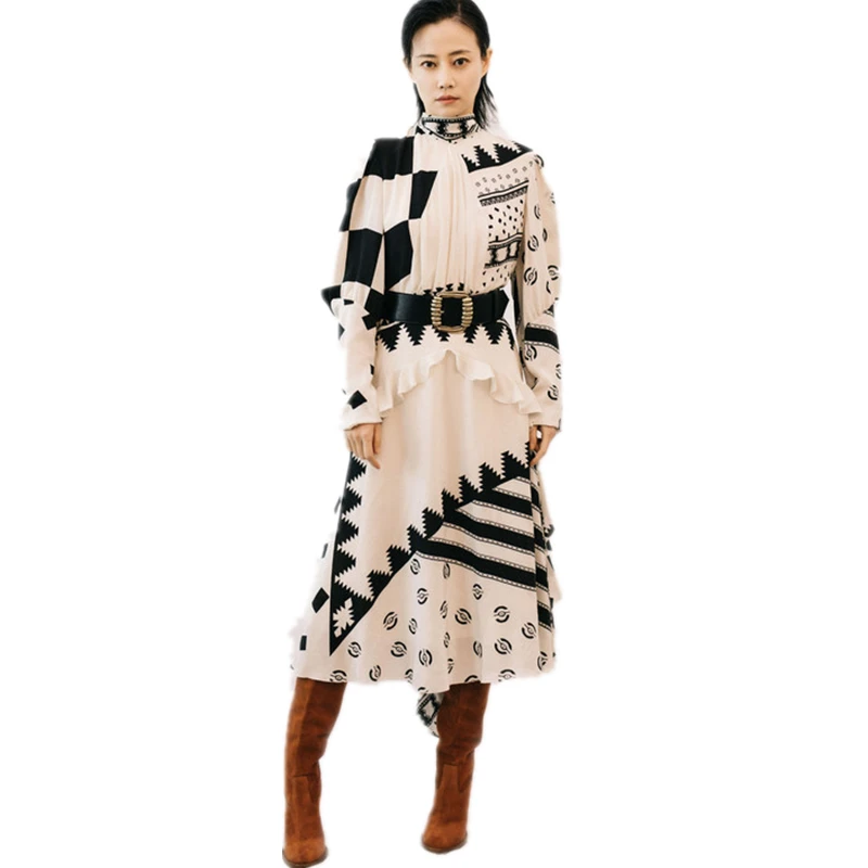 Runway Designer 2019 Spring Summer Dress Women's Bow Neck Geometric Print Knee Length Sashes Dress
Runway Designer 2019 Spring Summer Dress Women's Bow Neck Geometric Print Knee Length Sashes Dress