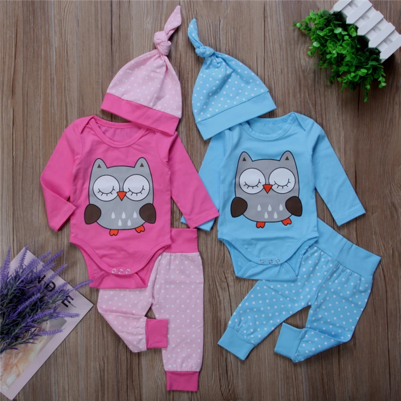 Cute Twins Owl Clothes Set Newborn Baby Girl Boy Long Sleeve Romper Pants Hat 3pcs 2017 New Bebes Outfits Kid Clothing 0-18M | Детская