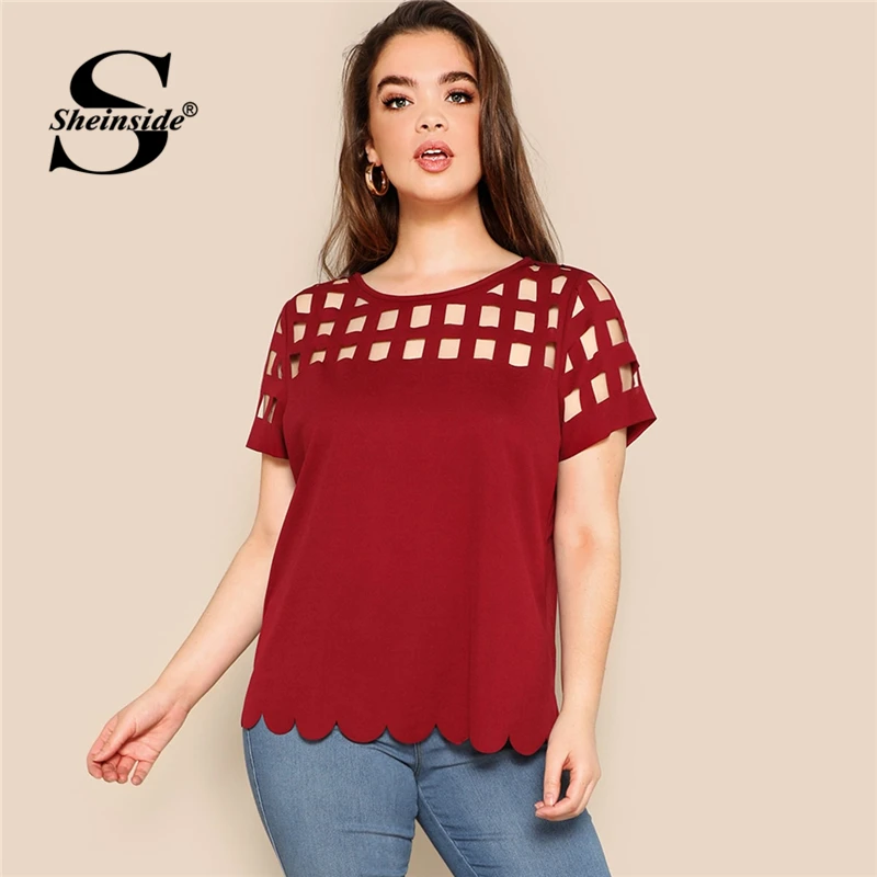 

Sheinside Plus Size Summer Blouse Women Solid Cut Out Details Scallop Hem Top 2019 Burgundy Short Sleeve Ladies Tops and Blouses