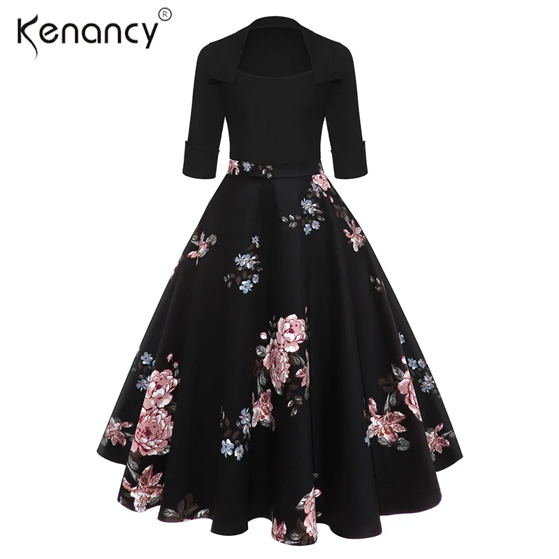 

Kenancy Floral Print Patchworkl Gown Black Vintage Dress Women Sexy Square Neck 3/4 Sleeves Midi A-Line Vestidos 50s Elegant