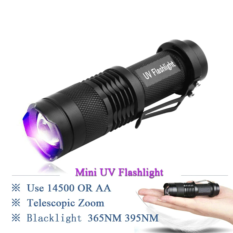 

LED 365nm UV flashlight ultraviolet flashlight CREE Q5 LED UV Lantern Purple Violet Light UV 395nm Lamp Safety testing 14500