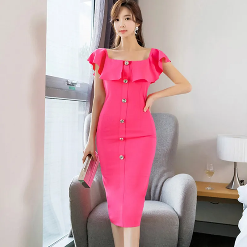 High Quality Elegant Single-breasted Pencil Bodycon Dress Women 2019 Slash neck Ruffles Female Sexy Sheath Dresses OL Vestidos
High Quality Elegant Single-breasted Pencil Bodycon Dress Women 2019 Slash neck Ruffles Female Sexy Sheath Dresses OL Vestidos