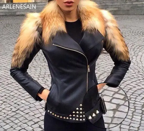 Arlenesain на заказ 2018 подиумная Женская куртка из овечьей кожи с плечами лисьего меха