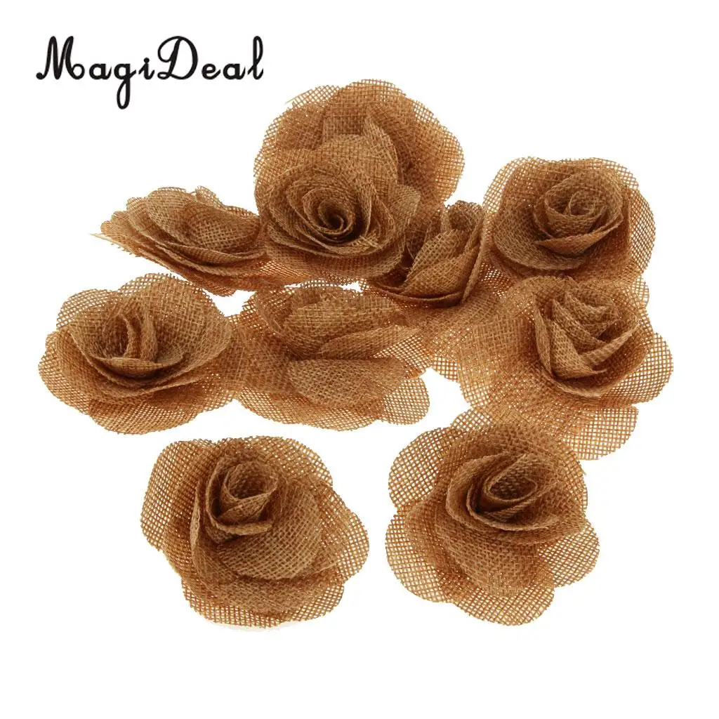 MagiDeal 10pcs/Lot 6.5cm Rustic Flower Rose Wedding Burlap Hessian Jute Vintage Decor Bride Bridegroom Corsage Wedding Supplies
