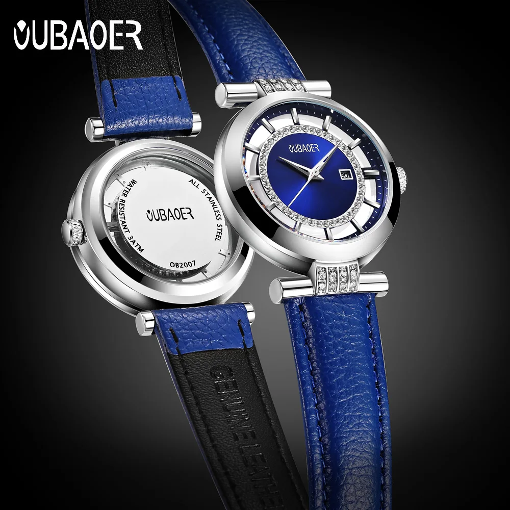 

Women Watch OUBAOER Blue Rhinestone Luxury Brand Fashion Lady Quartz Watch Luxury Genuine Leather wrist watches Relogio Feminino