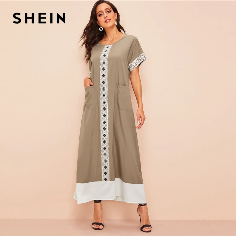 

SHEIN Lace Applique Pocket Front Hijab Khaki Modest Colorblock Short Sleeve Spring Summer Autumn Dress Women H Type Dresses