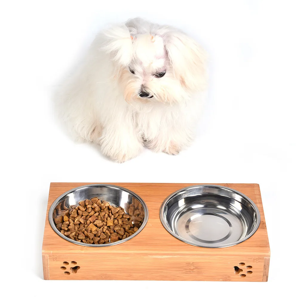 Image Pet Dog Double Bowls Raised Stand Bamboo Stainless Steel for Pet Feeding Water Food Drop Shipping