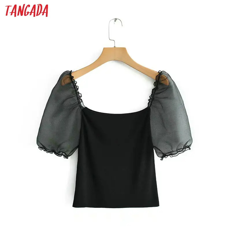 Tangada fashion women black knitted t shirt puff short sleeve korean fashion elegant stretch crop tops QJ134 
Tangada fashion women black knitted t shirt puff short sleeve korean fashion elegant stretch crop tops QJ134