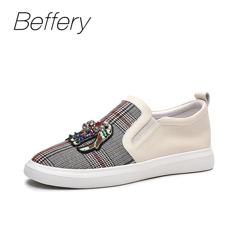 Beffery 2018 Women Shoes Genuine Leather sneakers Fashion Lattice Rhinestone Casual Loafers comfortable flat shoes | Обувь