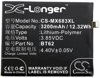 

Cameron Sino High Quality 3200mAh Battery BT62 for MeiZu M3X, M3X Dual SIM, M3X Dual SIM TD-LTE, M682Q, For Meilan X
