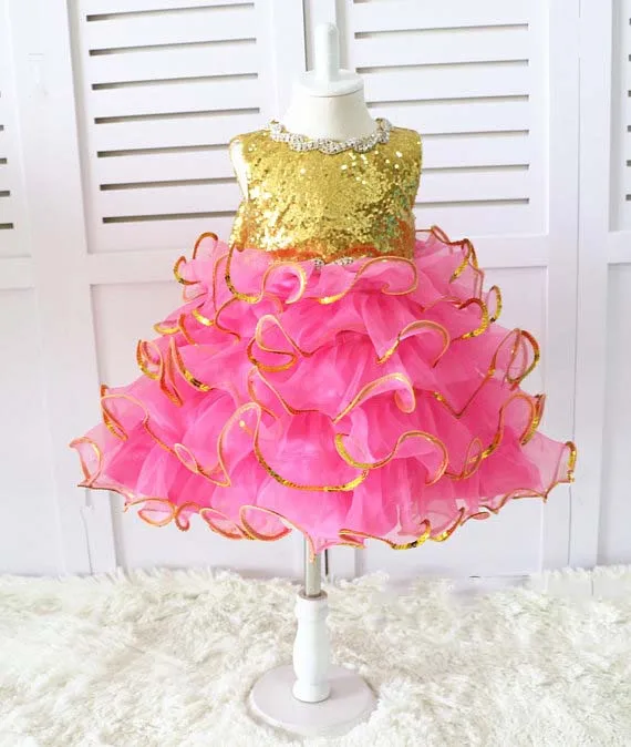 

Tiered ruffles Cupcake Gold sequined rose Pink kid Pageant Dress glitz Easter girl outfit Toddler Baby Birthday party Dresses