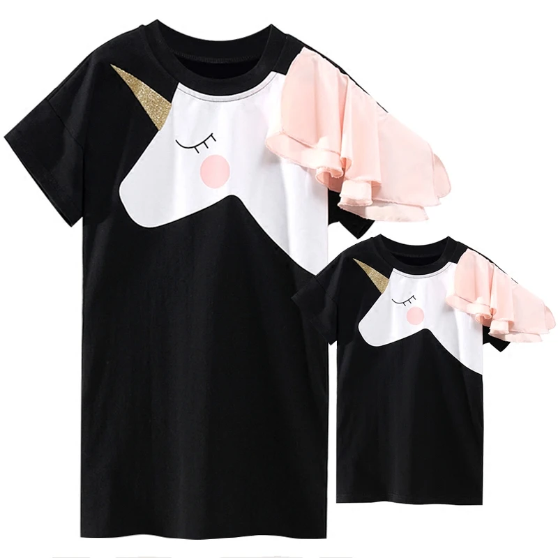 Mother Daughter Dresses for Baby Girls Unicorn Pajamas Mom and Dress Ruffles Sleeve Family Matching Outfits Clothing | Мать и ребенок