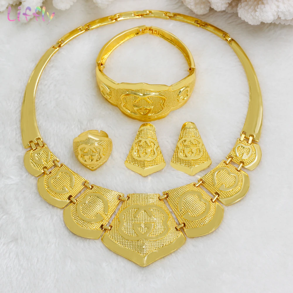 Liffly Fashion Dubai Gold Color Necklace Big Jewelry Sets Charm Earrings Bridal Gift African Indian Wedding Jewelry Women
Liffly Fashion Dubai Gold Color Necklace Big Jewelry Sets Charm Earrings Bridal Gift African Indian Wedding Jewelry Women