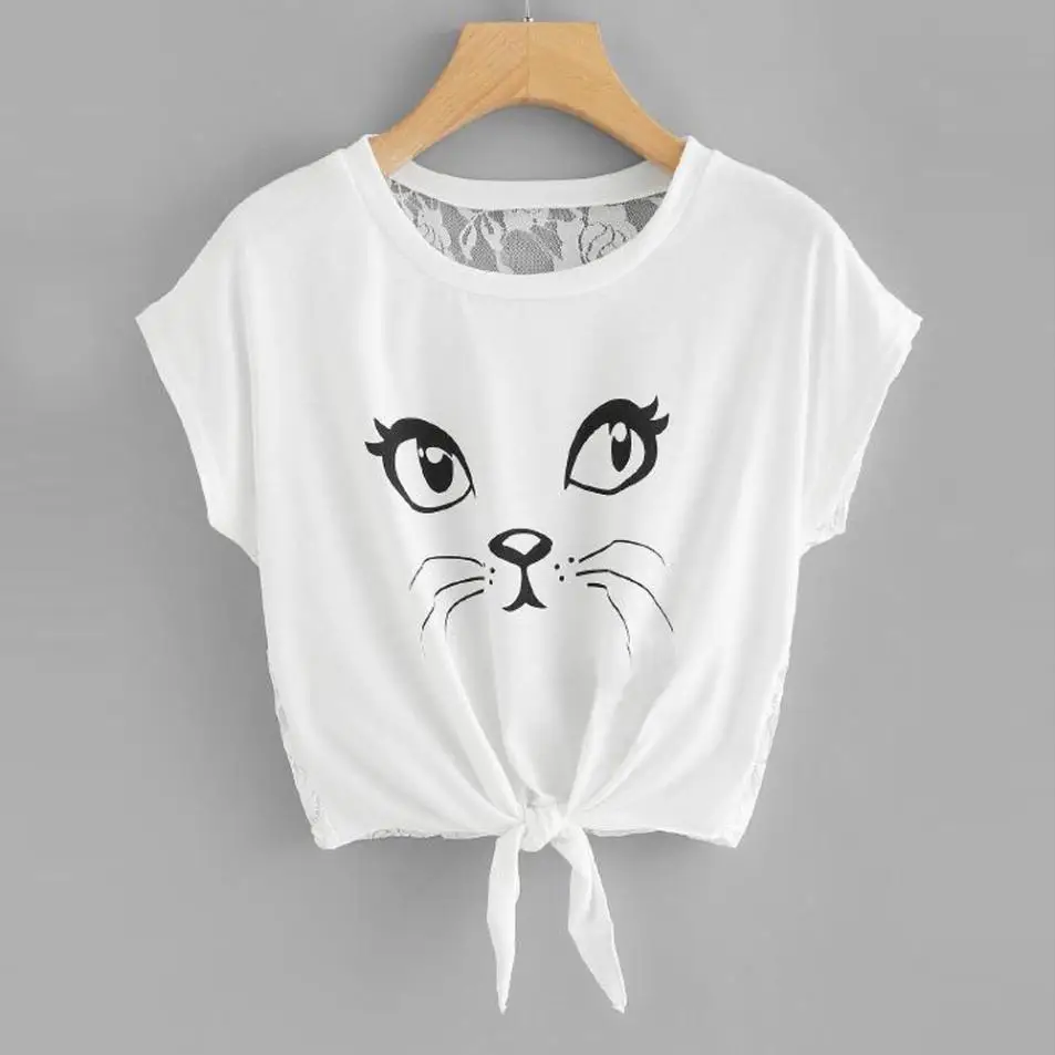 Womens Casual Short Sleeve Round Neck Printed Cat Shirts louses Tops Ladies Cat Print Lace Top
Womens Casual Short Sleeve Round Neck Printed Cat Shirts louses Tops Ladies Cat Print Lace Top