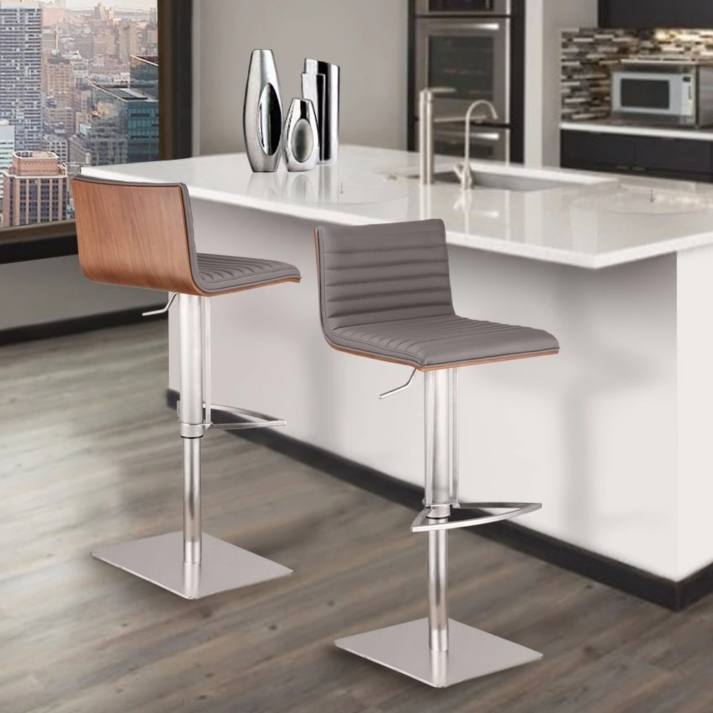 Armen Living Cafe Adjustable Stainless Steel Barstool in Gray Pu with Walnut Back (2)