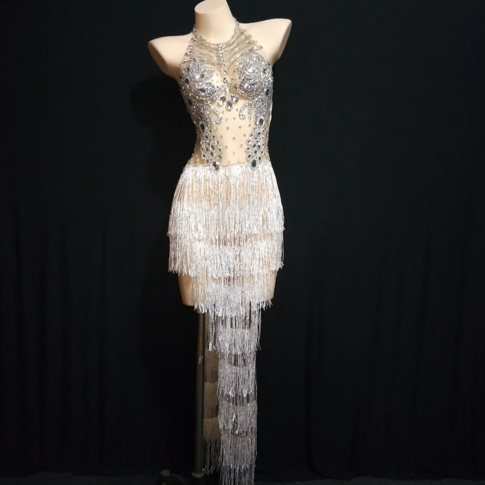 Silver Rhinestones White Tassel Mesh Dress Nightclub Dance Outfit Women Birthday Celebrate Outfit Big Crystals Dress
Silver Rhinestones White Tassel Mesh Dress Nightclub Dance Outfit Women Birthday Celebrate Outfit Big Crystals Dress