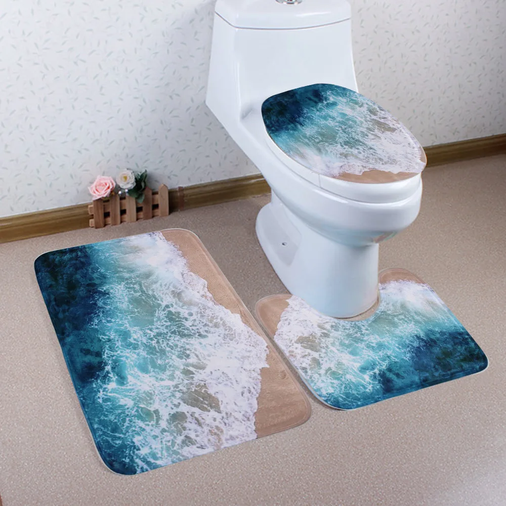 

2019 The wases on sand 3Pcs Bath Mats Set Anti-slip Absorbent Bathroom Rug Toilet Mat Lid Cover Carpet Door Mat Bath Rug