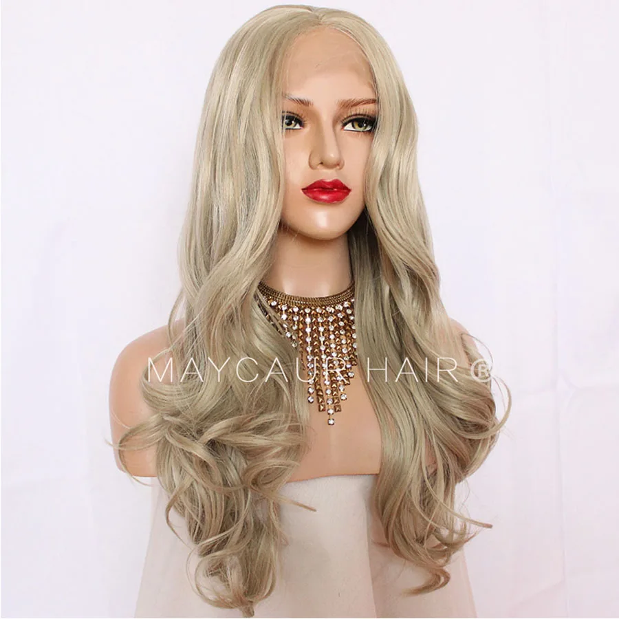 Maycaur Long Wavy Platinum Color Synthetic Lace Front Wigs White Gold Body Wave Hair Wig for Women (4)