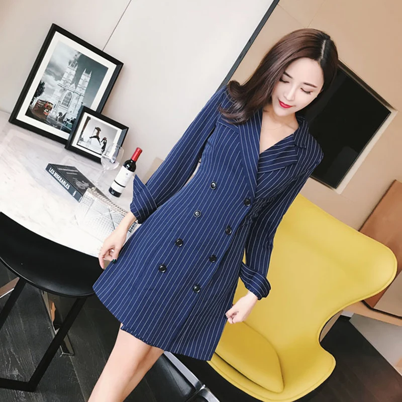 Striped Office Lady Autumn Slim Blazer Dress Sexy Notched Blue Trench Jacket Women Dress Elegant Work Suits Feminino
Striped Office Lady Autumn Slim Blazer Dress Sexy Notched Blue Trench Jacket Women Dress Elegant Work Suits Feminino