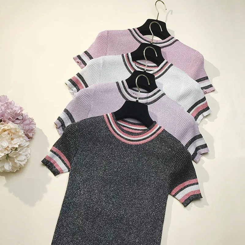 Glitter Knitted Women T Shirt Summer Tshirt Breathable Short Sleeves Top High Elasticity Striped Female T-Shirt
Glitter Knitted Women T Shirt Summer Tshirt Breathable Short Sleeves Top High Elasticity Striped Female T-Shirt
